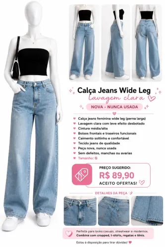 Calça Jeans Wide leg Clara, sem uso