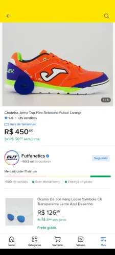 Chuteira Joma Top Flex Rebound Futsal Laranja