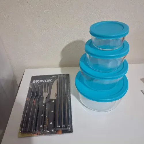 Kit Potes 4 peças e Faqueiro Churrasco Brinox Aço inox 8 Peças