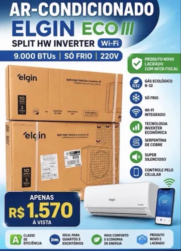 Ar-Condicionado Split HW Inverter Elgin Eco III Wi-Fi 9.000 BTUs R-32 Só Frio 220V