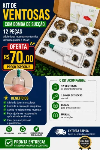 ? KIT DE VENTOSAS COM BOMBA DE SUCÇÃO - 12 PEÇAS ?