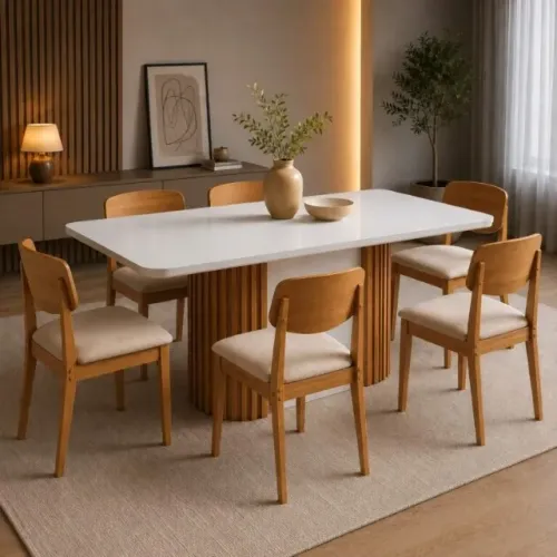 Mesa Pilar 180 Canto Copo (C/Vidro) Off White/Off White/Naturale com 6 Cadeiras Havana Vel