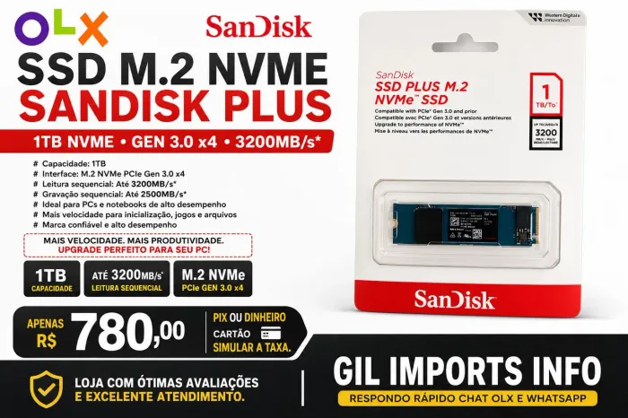 SSD M.2 NVMe SanDisk Plus 1TB -  NOVO LACRADO 