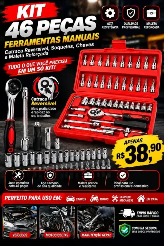 Kit 46 Peças Ferramentas Manuais, Catraca, Soquetes e Maleta para Carros e Motos