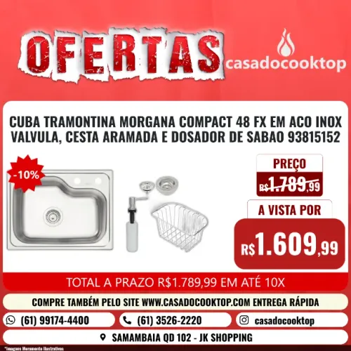 CUBA TRAMONTINA MORGANA COMPACT 48 FX EM ACO INOX+VALVULA,CESTA ARAMADA E DOSADOR DE SABAO