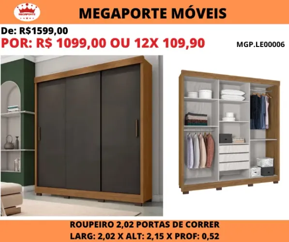 GUARDA ROUPA CASAL 3 PORTAS DE CORRER