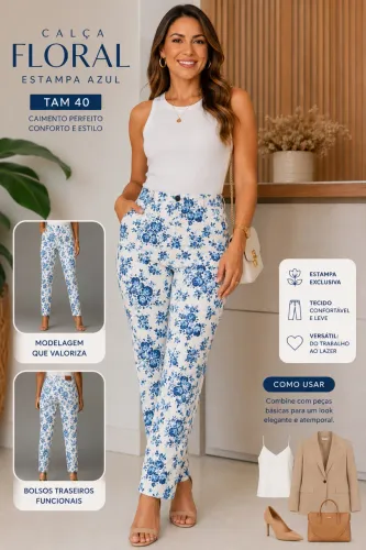 Calça feminina tam 40 branca estampa azul t