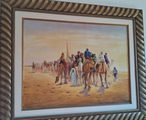 Belíssimo Quadro pintura a óleo sobre tela no estilo orientalista que retrata uma caravana