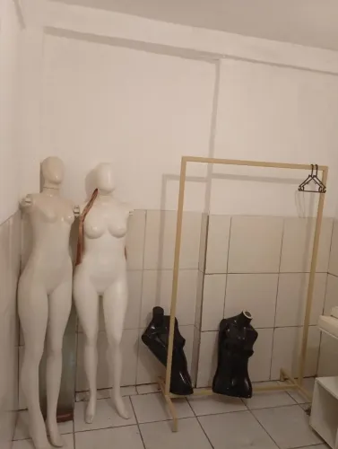 Araras, espelho, manequins e cabides 