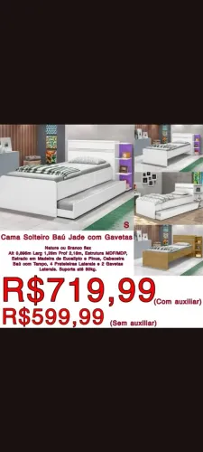 Cama Solteiro Jade com Auxiliar e 2 Gavetas