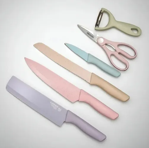 Kit Conjunto Facas Coloridas Tesoura Cozinha Gourmet 6 Peças