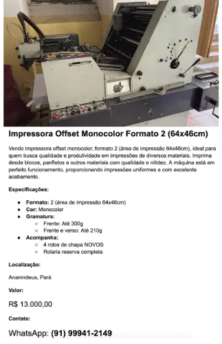 Vendo impressora offset monocolor, formato 2, com área máxima de impressão de 64 × 46 cm