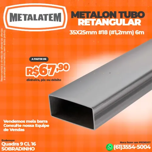 Metalon Tubo Retangular 35X25mm #18 (#1,2mm) - 6 Metros