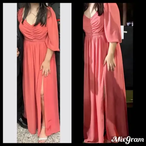 Vendo vestido de festa coral com manga bufante e fenda madrinha formatura