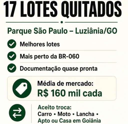 OPORTUNIDADE ÚNICA AS MARGENS DA BR 060- 17 LOTES NO JD SÃO PAULO - LUZIÂNIA-GO