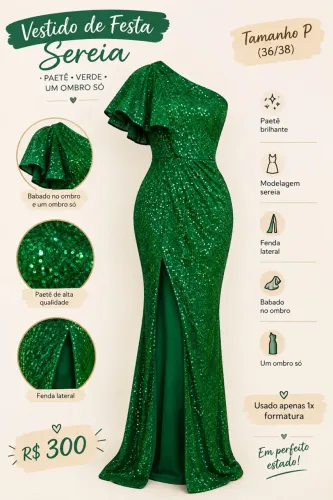 Vestido de festa verde paetê um ombro só babado fenda lateral