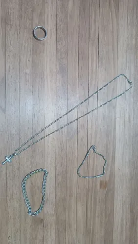 Corrente, pulseira e anel em aço inoxidável