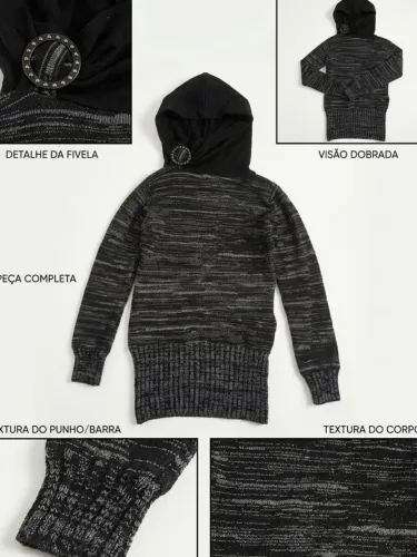 Casaco Moletom de Malha Mesclada com Capuz Gola Alta e Fivela R$29,99