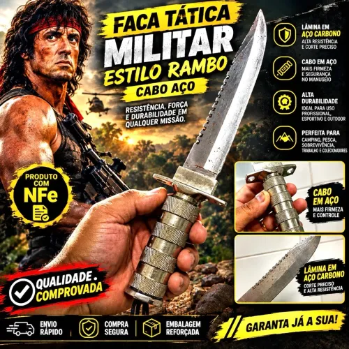 Faca Tática Militar Estilo Rambo Cabo Aço Luxo - TOP DE LINHA