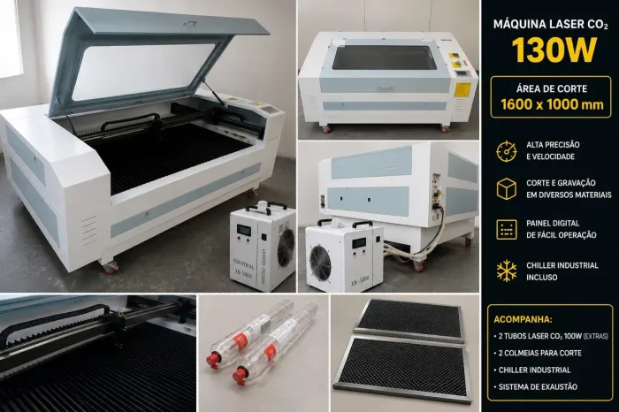 Máquina Laser CO2 130W Grande Formato 1600x1000mm + Chiller + 2 Tubos Reserva