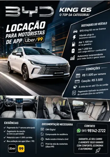Aluguel UBER / 99 | BYD King | 1.100 km autonomia