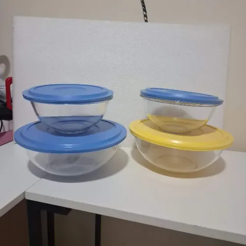 Conjunto Tigela Bowl Marinex e Tampa com 2 Grandes e 2 Médios Vidro Temperado