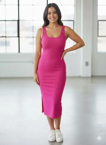 Vestido tam M midi canelado rosa pink sem mangas