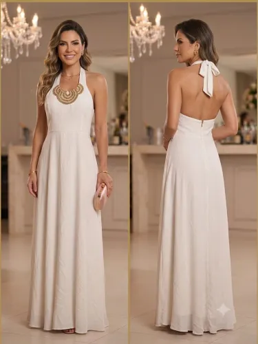 Vestido de Festa Longo Off-White com Detalhe de apliques