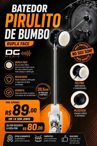 Batedor Pirulito de Bumbo Dupla Face DC Music 20,5cm Feltro e Plástico