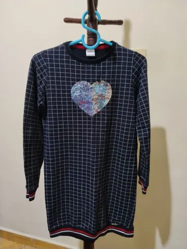 Vestido Azul Xadrez infantil com Coração em lantejoulas
