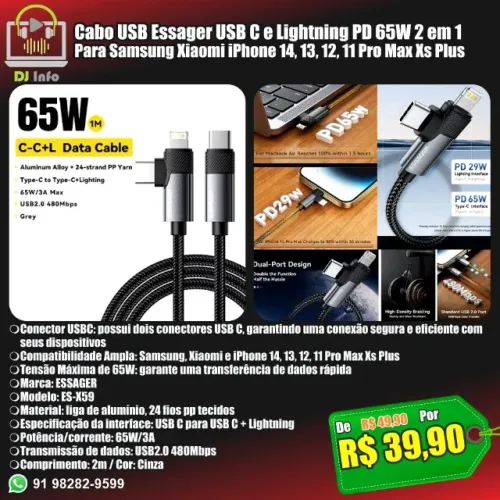 Cabo USB Essager USB C e Lightning PD 65W 2 em 1 Samsung Xiaomi iPhone 14 13 12 11 Pro Max