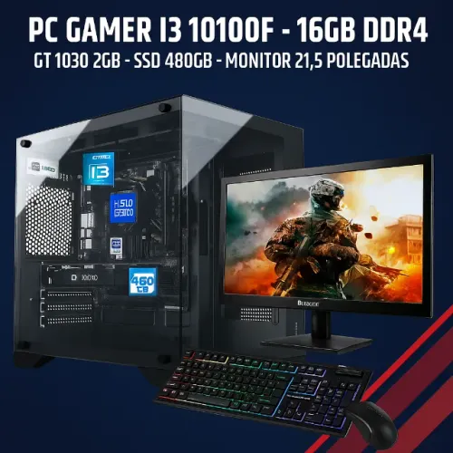 PC Gamer Completo Intel Corei3 10100F, 16Gb DDR4, GT 1030 2Gb, SSD 480Gb, Monitor 21,5"