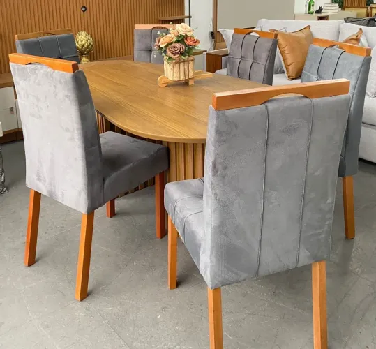 Mesa de Jantar Isis Tampo Oval 180 Freijó com 6 Cadeiras Madeira Maciça