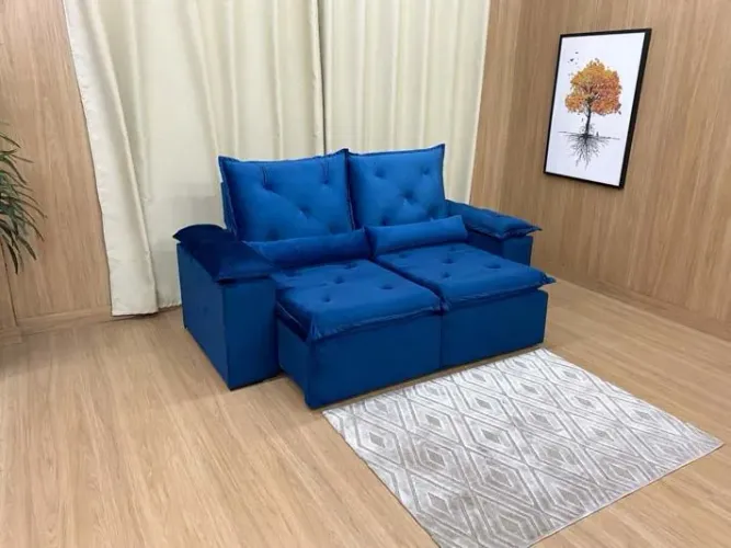 Sofá Retrátil Reclinável 2 Lugares Veludo Azul 2 Metros Acari