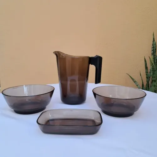 Kit: Jarra Travessa Tigela Vasilha - Vidro Fumê Vereco France