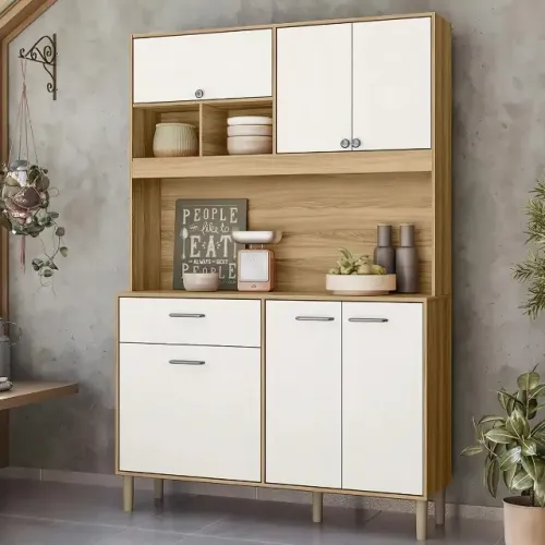 Armario De Cozinha Erva Doce 120 Cm 6 Portas E 1 Gaveta Cor Freijó/off White