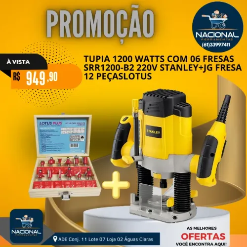 Tupia de Coluna Stanley 1200W 220V + Jogo de Fresa 12 Peças Profissional