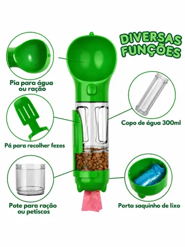 Garrafa Pet Portátil 4 Em 1 - Agua 300ml + Ração + Saco + Pá - Cão de Passeio
