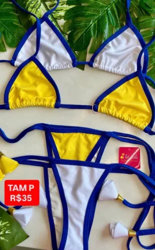 Biquíni Curtininha TAM P - Branco com Azul