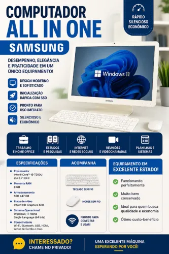 Computador Samsung All In One i5, 8GB RAM, SSD 447GB, Windows 11. Equipamento muito bem c