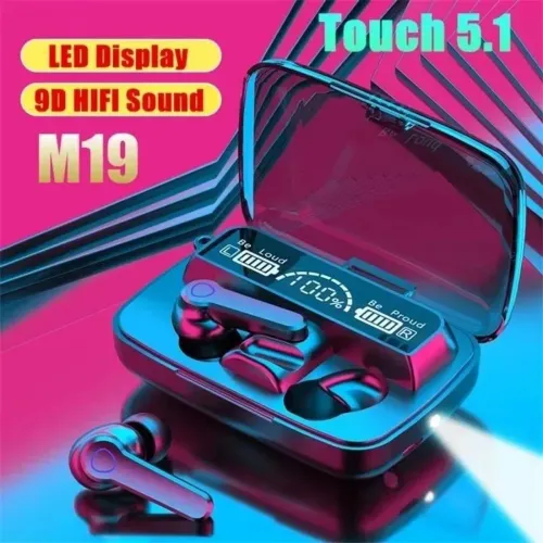 FINE DE OUVIDO BLUETOOTH M19 TWS HD SOUND TOUCH CONTROL COM CASE LED P/ ANDROID E IOS