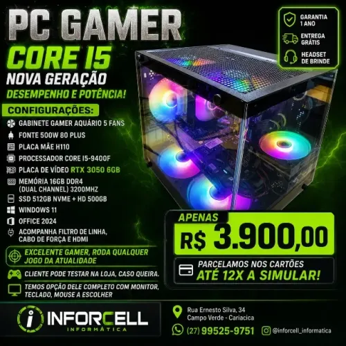 PC Gamer Core i5-9400F + RTX 3050 | 16GB DDDR4 | SSD 512 | Hd 500 Novo Garantia 1 Ano