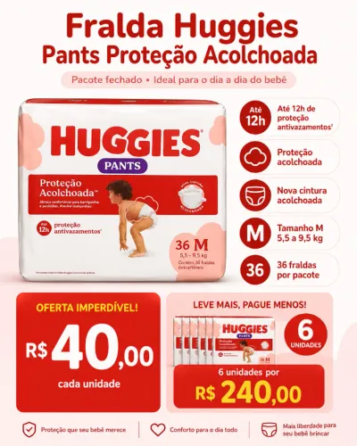 Fraldas Huggies Pants Proteção Acolchoada, tamanho M valor 40 reais cada