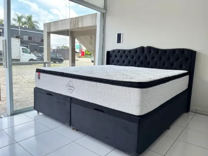Cama Box com Baú King Size Nova Colchão Molas Ensacadas e Pillow Top Marca Hellen em 12x 