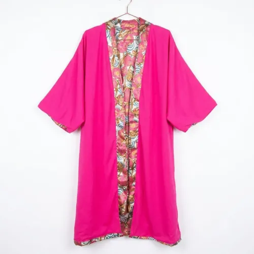 Kimono Longo Dupla Face Rosa Pink Estampado Acetinado com Faixa