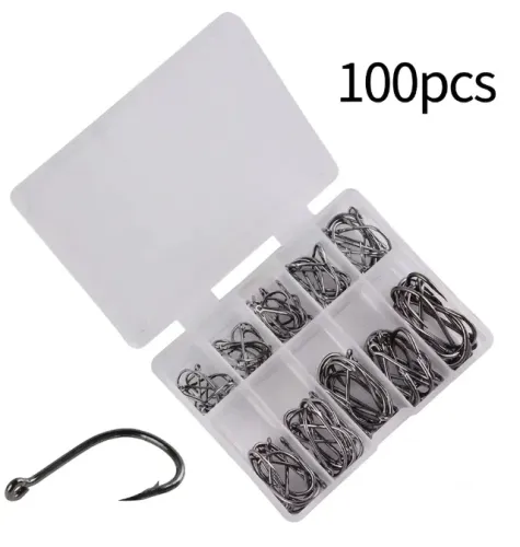 Kit 100 Anzóis de Pesca Pretos Nº10 Aço Alto Carbono Farpados - 100 Peças