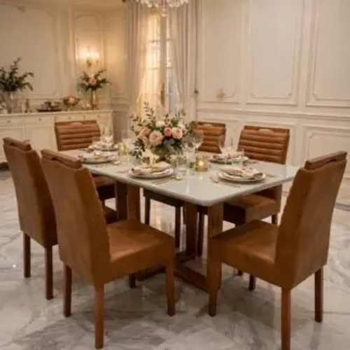 Mesa Safira Em Madeira Maciça 1.60×90 C. Vidro 6 Cadeira Linhas Couro Caramelo Movelart