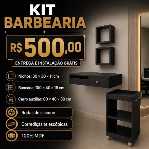 KIT SALÃO BARBEARIA CM BANCADA 2 NICHOS/CARRINHO AUXILIAR MDF NOVO 