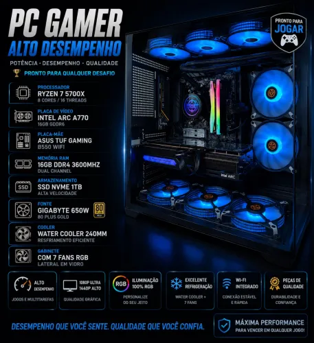 ? PC GAMER PREMIUM | RYZEN 7 5700X + INTEL ARC A770 16GB | PEÇAS ZERADAS E NA GARANTIA ?