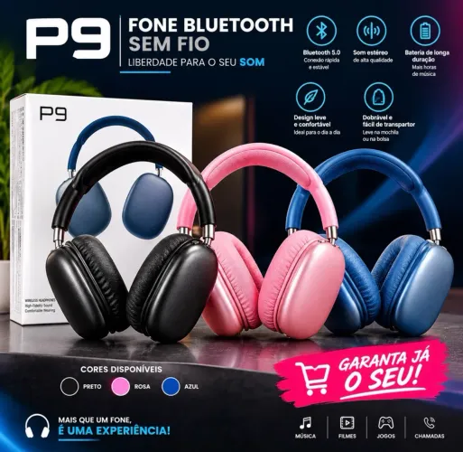 ? FONE BLUETOOTH P9 PREMIUM SEM FIO - SOM POTENTE, DESIGN MODERNO E CONFORTO TOTAL! ?